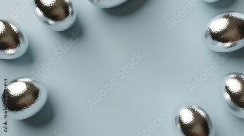 Metallic blue chicken Easter eggs on a light blue background