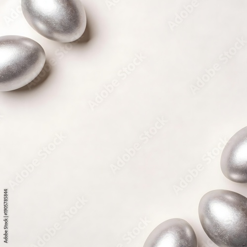 Metallic colored chicken Easter eggs on a light white background