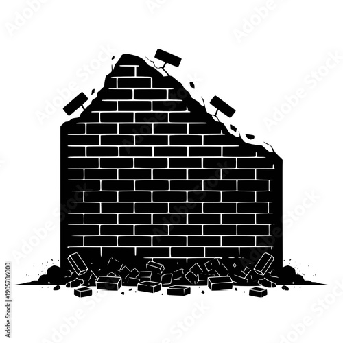 A minimalist vector graphic illustrating a crumbling brick wall with falling debris, symbolizing collapse and demolition silhouette