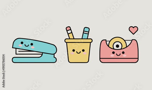 Kawaii office stationery characters with smiling faces, cute blue stapler, yellow pencil holder, and pink adhesive tape dispenser illustration
