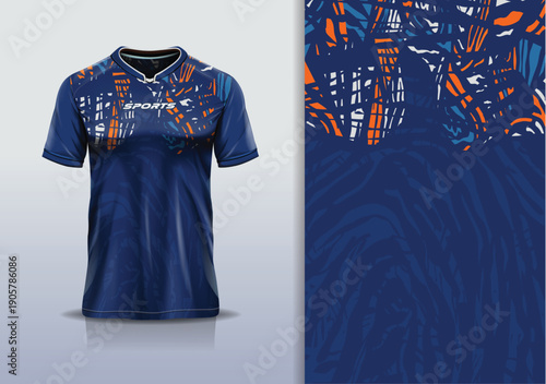 T-shirt mockup abstract texture grunge sport jersey design for football, soccer, racing, esports, running, blue orange color
