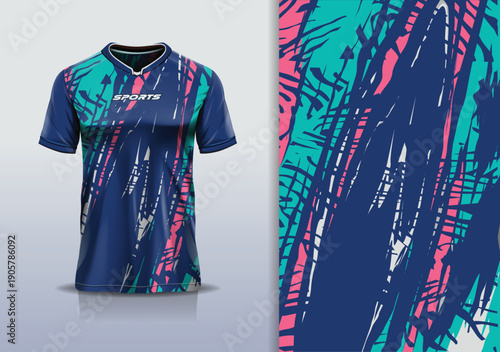 T-shirt mockup abstract texture grunge sport jersey design for football, soccer, racing, esports, running, blue green pink color