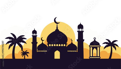 Ramadan Kareem Silhouette Mosque with Sunset Background Vector Illustration