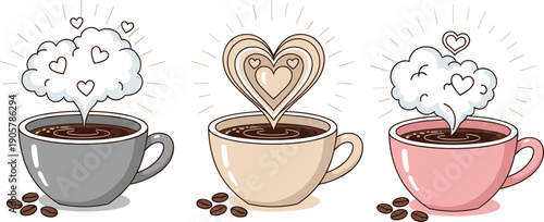 Cute Cartoon Set of Three Hot Coffee Cups with Heart-Shaped Steam and Coffee Beans, Symbolizing Love, Romance, and Valentine's Day