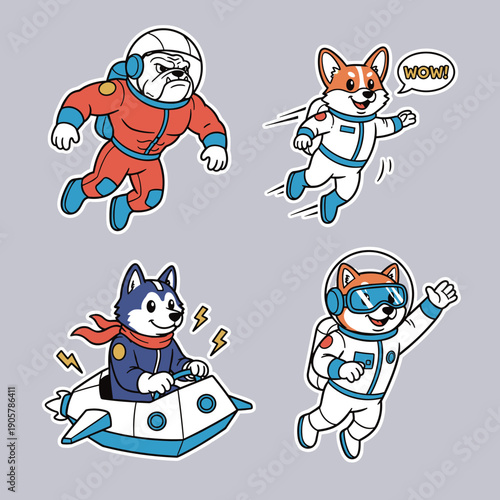 Cute Cartoon Space Dog Sticker Set Featuring Bulldog Astronaut Corgi in Spacesuit Husky in Spaceship and Shiba Inu Flying in Outer Space