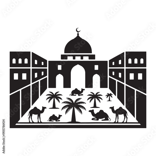 Mosque courtyard with camels and palm trees silhouette
