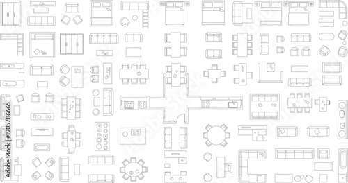 A collection of various technical blueprint drawings isolated on transparent background