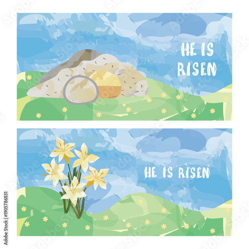 Set of religious Easter horizontal banners with empty tomb and white lilies