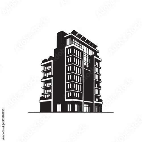 Modern apartment building silhouette for urban living and residential real estate development projects featuring eco friendly architecture with balconies and glass windows on white background
