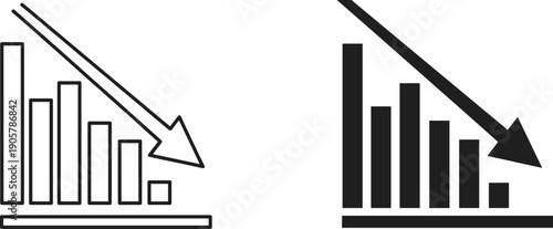 Decreasing Bar Chart Icon Set Featuring Negative Trend Arrow and Financial Loss Graph for Economic Crisis Stock Market Downturn and Business Failure