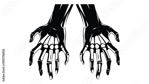 A detailed illustration of skeletal hands reaching out from the darkness. Vector