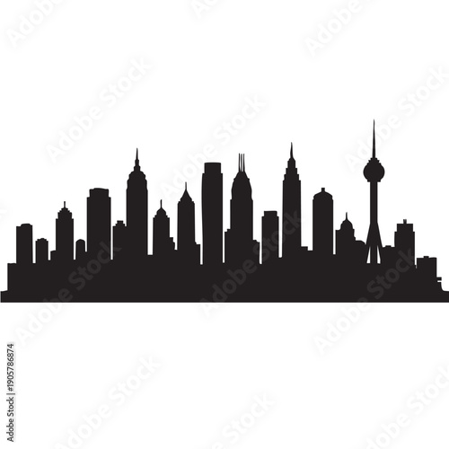 City skyline silhouette vector featuring modern skyscrapers and a prominent telecommunication tower. urban panorama illustration. metropolitan landscape outline. cityscape graphic with tall buildings