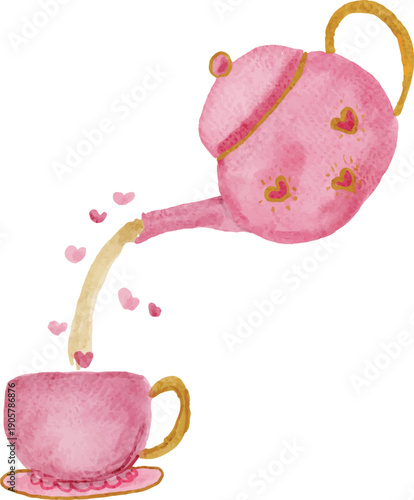 Watercolor pink teacup and teapot