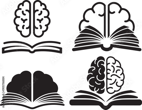 Brain and Open Book Icons Set – Knowledge Learning Silhouette Vectors