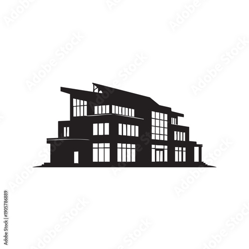 Multi level office building silhouette vector with asymmetrical rooftop modern corporate headquarters design high tech business center exterior creative architectural structure real estate icon