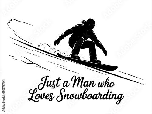 Silhouette of man snowboarding downhill, crouched posture, speed lines, dynamic winter action