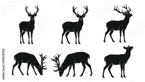 Silhouettes of deer in various poses and orientations Vector