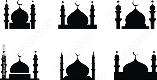 Collection of black mosque silhouettes with minarets and crescent moon top designs for Islamic celebrations