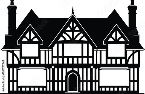 Detailed black silhouette of a traditional Tudor style manor house with timber framing and multiple gables isolated on white background vector