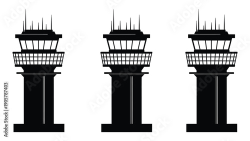 Three black and white airport control towers standing in a row Vector