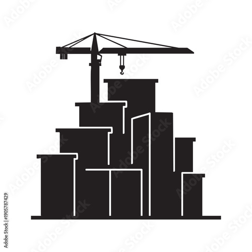 Industrial construction crane with hook lifting containers stacked in a shipping yard or port, vector illustration of silhouette for logistics and transportation industry