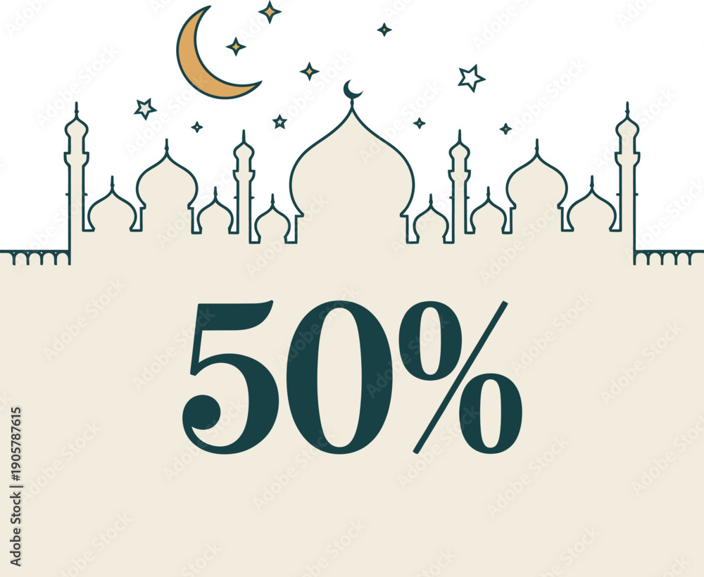 Obraz premium Ramadan 50% off sale advertisement with mosque skyline silhouette, crescent moon, and sparkling stars.
