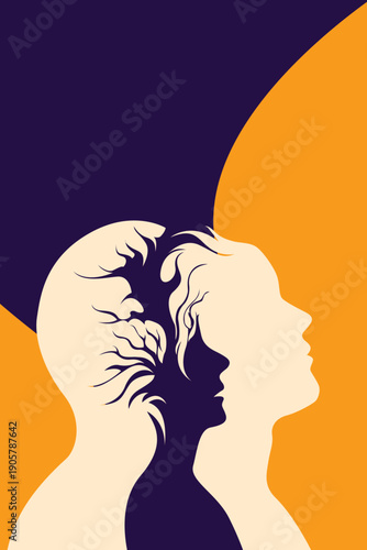 Vibrant surreal dual profiles man woman inner child tree brain, overthinking thoughts memories, minimalist mental health psychology abstract vector art
