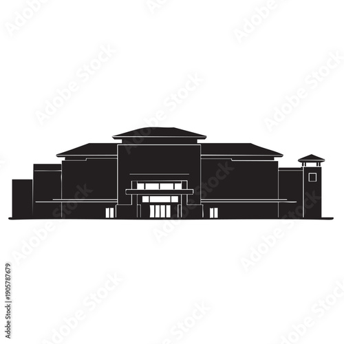 Grand public building silhouette, institutional architecture, large facade with entrance and windows, cultural or governmental structure architectural icon.
