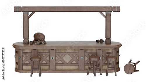 Tableau sur toile Wooden beer bar 3D render with stools and keg