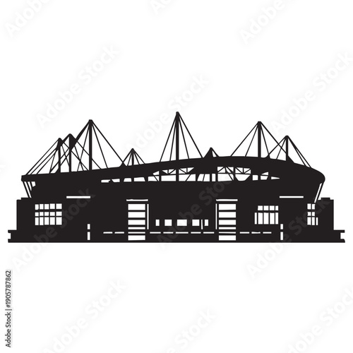 Large sports stadium silhouette with distinctive roof structure and grandstands illustrating modern athletic venue black and white vector illustration on clear background