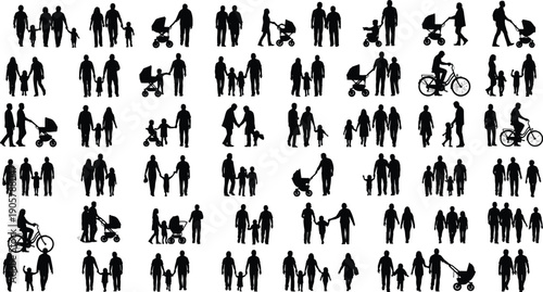 Diverse collection of family silhouettes with parents pushing strollers riding bicycles and holding hands with children for parenting community and active lifestyle vector illustration