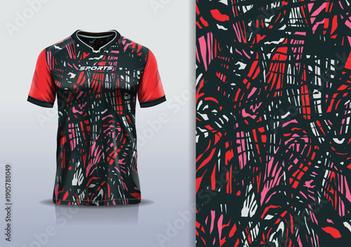 T-shirt mockup abstract texture grunge sport jersey design for football, soccer, racing, esports, running, red black white color