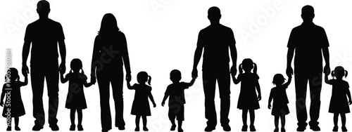 Diverse collection of happy family silhouettes with parents holding hands with children and toddlers for parenting and togetherness concept vector illustration