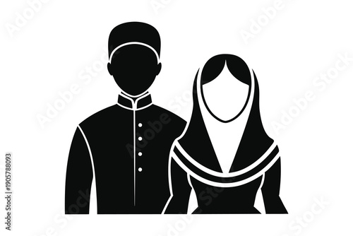 Bangladeshi bride and groom black silhouette on white background
