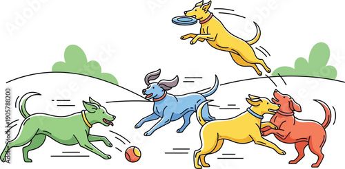 Group of happy cartoon dogs playing enthusiastically outdoors together with a bright yellow frisbee and a small bouncing ball in a park setting.