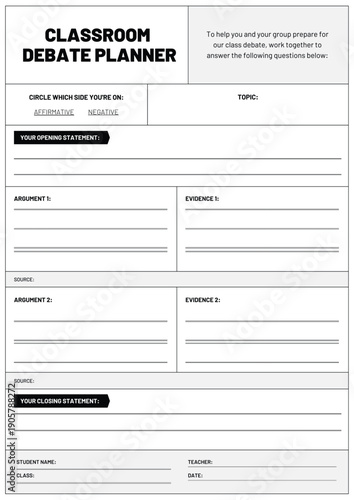 Classroom Debate Planner worksheet for organizing arguments and evidence