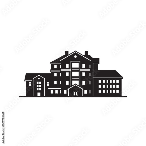 Apartment building silhouette vector showcasing multi-story residential architecture. housing complex outline with multiple units. urban living and rental property concept. modern building graphic