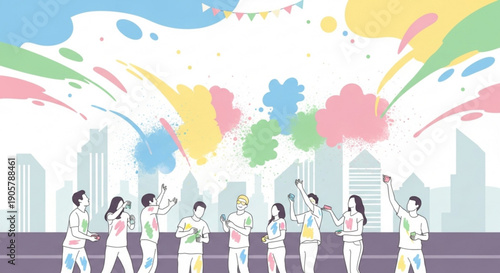 People celebrating Holi festival with colorful powder splashes vibrant illustration for cultural events and invitations city skyline backgro