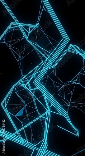 Abstract glowing blue geometric lines intersect with a complex digital network structure on a dark background