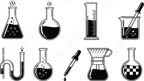 Laboratory glassware set chemistry equipment science experiment beaker flask test tube vector illustration collection design
