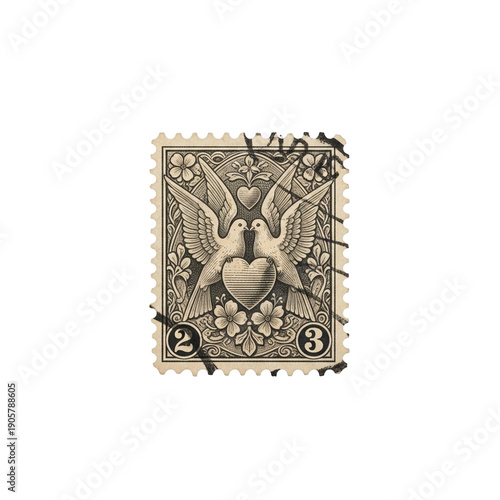 Vintage postage stamp featuring doves and heart design for Valentine's Day  