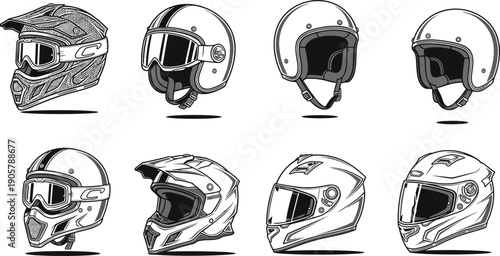 Motorcycle helmet set protective gear motorbike safety racing vector illustration collection design