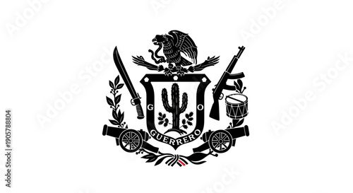 Guerrero state emblematic black silhouette featuring national eagle and armed components, a strong