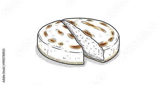 Hand-drawn illustration of a sliced arepa showcasing its fluffy interior and grilled exterior