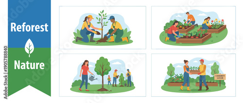 People Planting Trees and Gardening in Community Garden Flat Vector Illustration Set for Reforestation, Environmental Protection, and Sustainable Living with Volunteers Working Together Outdoors.