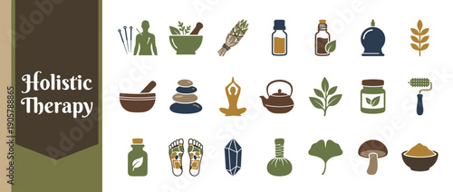 Holistic Therapy Icon Set Featuring Alternative Medicine Symbols like Acupuncture, Herbal Remedies, Essential Oils, Yoga, Meditation, Reflexology, Crystals, and Natural Wellness Treatments