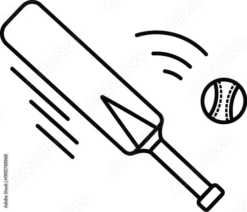 Simple black and white line art icon depicting a cricket bat successfully making contact with the speeding ball during a dynamic sporting action