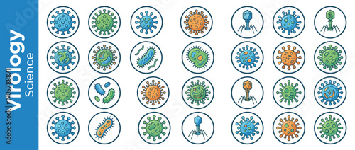 Comprehensive Set of 28 Virology and Microbiology Science Icons Featuring Various Virus Strains, Bacteria, and Bacteriophages for Medical Research, Education, and Healthcare Presentations