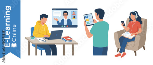 E-Learning Online Education Concept Illustration with Students Using Laptops, Tablets, and Smartphones for Remote Study, Digital Classrooms, Video Lectures, and Distance Learning at Home