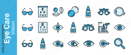 Eye Care and Vision Icon Set Featuring Ophthalmology and Optometry Symbols like Eyeglasses, Contact Lenses, Eye Drops, Snellen Charts, and Medical Examination Equipment for Healthcare Design.